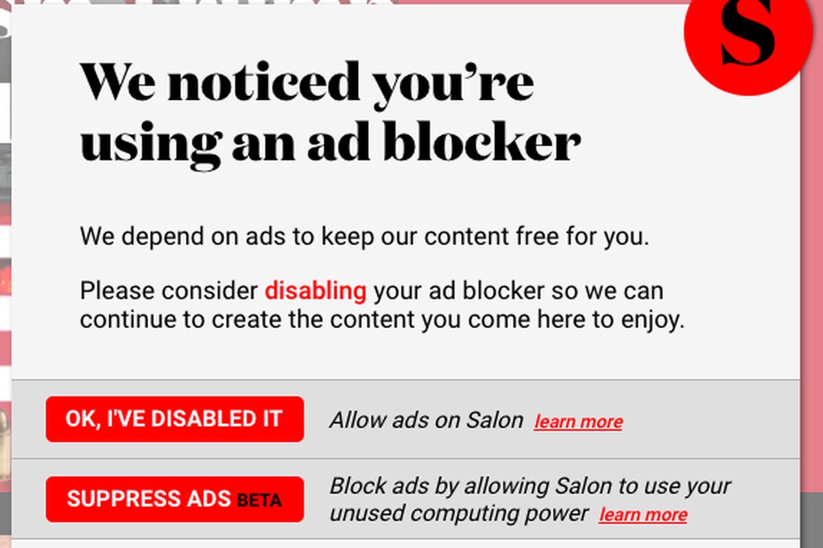Salon is apparently asking ad-blocking users to opt into cryptocurrency mining instead