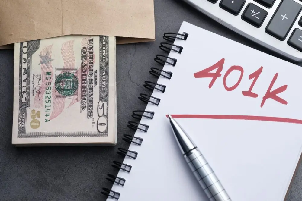 Notebook labeled 401k beside cash and a calculator