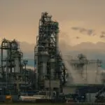 Refinery towers at dusk ahead of Exxon and Chevron earnings