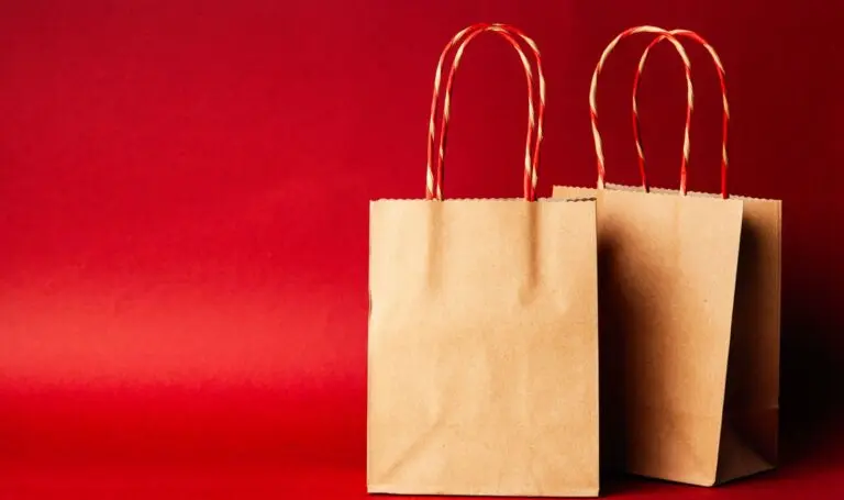 Two brown paper shopping bags with twisted red handles against a red background