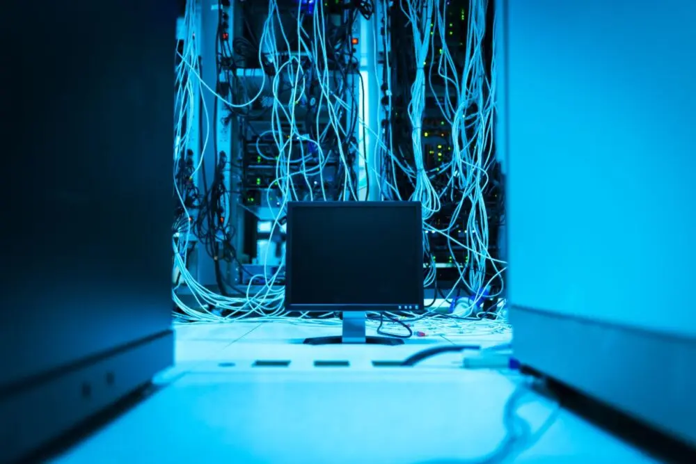 Server room with racks and cabling at the network edge where VPN appliances sit