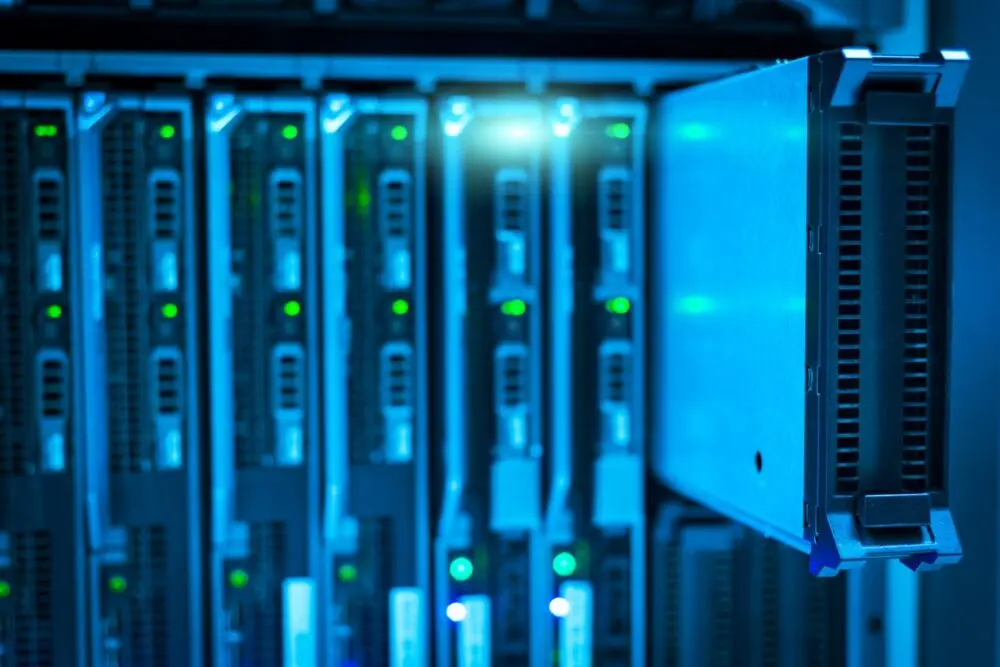 Server rack with glowing blue lights, illustrating the hardware needed to run Muse Spark Open