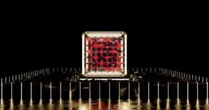 Gold chandelier style cooling hardware of a quantum computer, a magic state cultivation theme