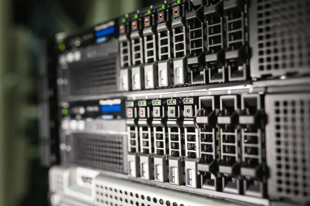 Close up of server hardware in a rack, tied to the Super Micro forecast for AI demand