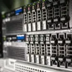 Close up of server hardware in a rack, tied to the Super Micro forecast for AI demand