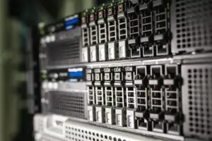 Close up of server hardware in a rack, tied to the Super Micro forecast for AI demand