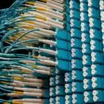 Blue fiber optic patch cables plugged into a data center panel, illustrating the Fortinet earnings story