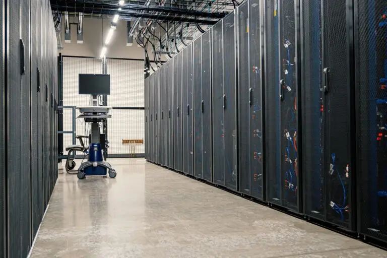 Rows of server racks in a data center, the kind of infrastructure at stake in the Railway breach