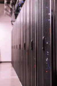 Rows of server racks in a data center, the kind of hardware inside Meta Prometheus