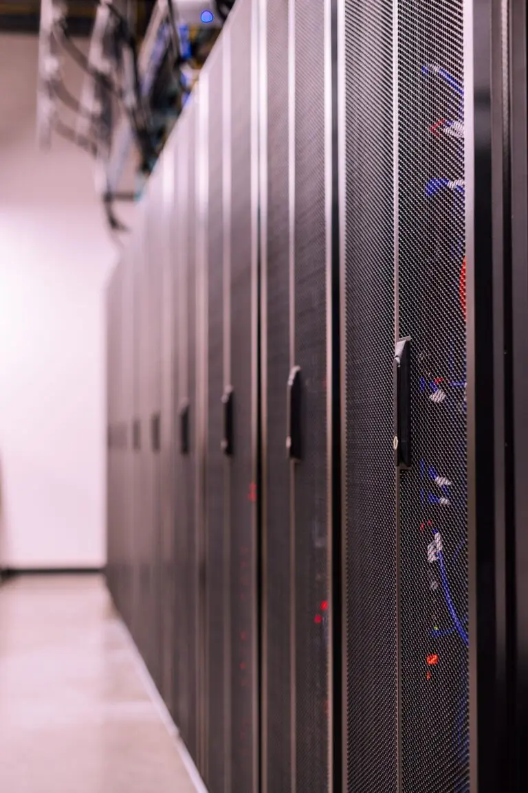 Rows of server racks in a data center, the kind of hardware inside Meta Prometheus
