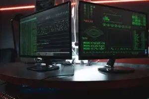 Dual monitors with green code in a dark room, a ConnectWise attack security theme