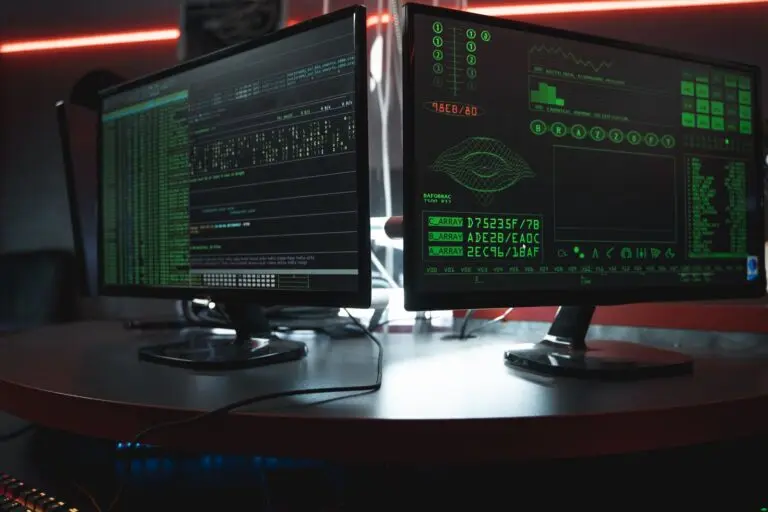 Dual monitors with green code in a dark room, a ConnectWise attack security theme