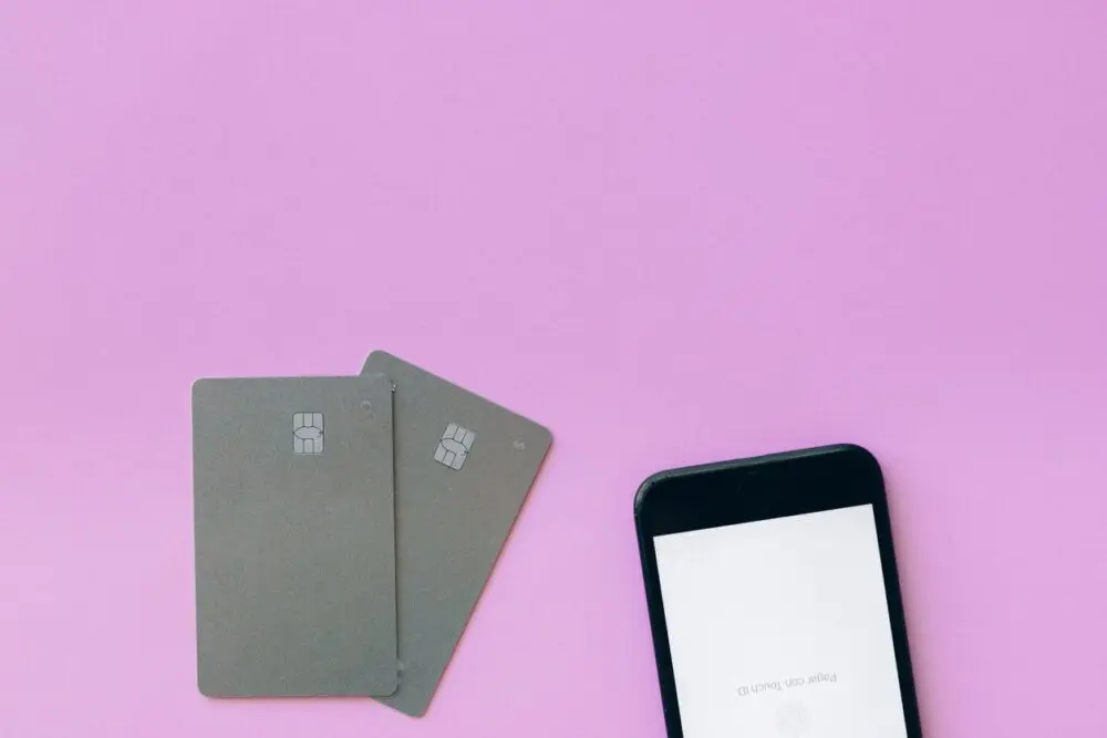 Flat lay of credit cards and a smartphone