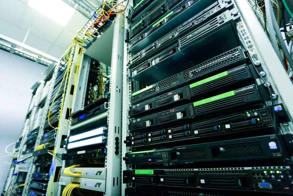 Server rack with network cables in a secure data center