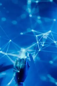 Robotic hand touching a digital network, illustrating OpenAI training data